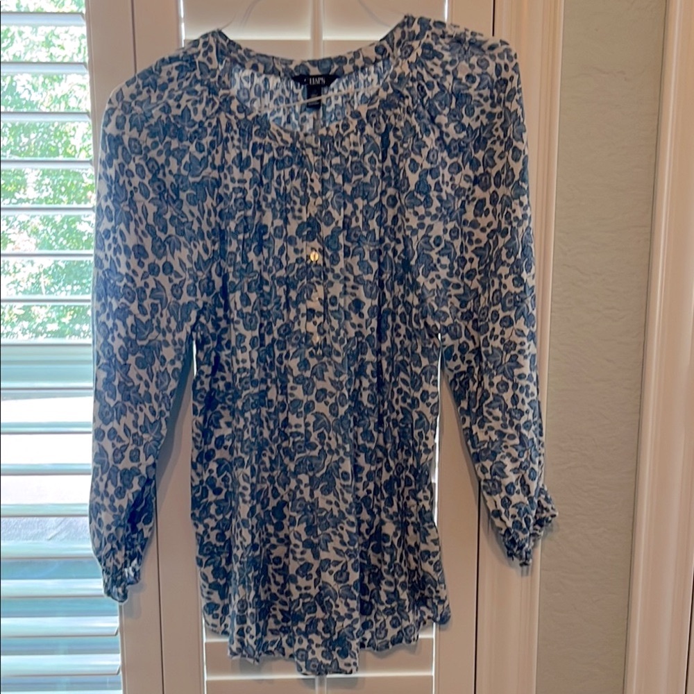 Chaps Blue and White 3/4 Sleeve Pleated Blouse